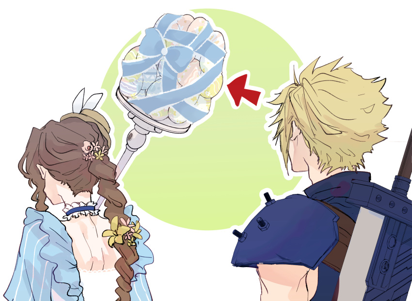 1boy 1girl aerith_gainsborough aerith_gainsborough_(classic_coney) animal_ears armor arrow_(symbol) blonde_hair blue_choker blue_dress blue_shirt braid braided_ponytail brown_hair buster_sword choker cloud_strife demi_co dress easter easter_egg egg facing_another facing_away final_fantasy final_fantasy_vii final_fantasy_vii_ever_crisis flower frilled_dress frills hair_flower hair_ornament hat highres holding holding_staff lily_(flower) long_hair looking_at_object mini_hat official_alternate_costume pink_flower rabbit_ears ribbon_choker shirt short_hair shoulder_armor sidelocks single_braid sleeveless sleeveless_turtleneck spiky_hair staff suspenders turtleneck upper_body wavy_hair weapon weapon_on_back white_background yellow_flower