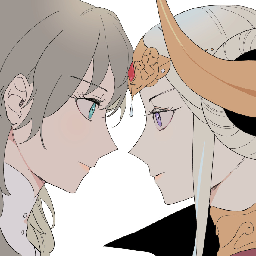 2girls b_(wldms6650) blue_eyes byleth_(female)_(fire_emblem) byleth_(fire_emblem) closed_mouth commentary edelgard_von_hresvelg english_commentary eye_contact fire_emblem fire_emblem:_three_houses grey_hair highres horns long_hair looking_at_another multiple_girls simple_background tiara upper_body violet_eyes white_background white_hair