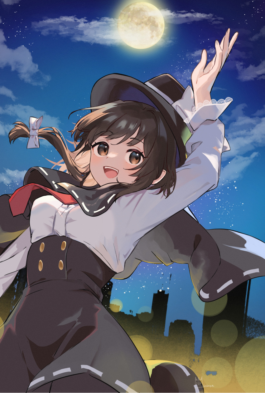 1girl :d black_capelet black_hair black_hat black_skirt blush bow brown_eyes capelet full_moon hair_bow hat haya_taro_pochi high-waist_skirt highres lace-trimmed_sleeves lace_trim long_sleeves medium_hair moon necktie night open_mouth outdoors outstretched_arm red_necktie ribbon-trimmed_capelet ribbon-trimmed_skirt ribbon_trim shirt signature skirt smile solo star_(sky) teeth touhou upper_body upper_teeth_only usami_renko white_bow white_shirt