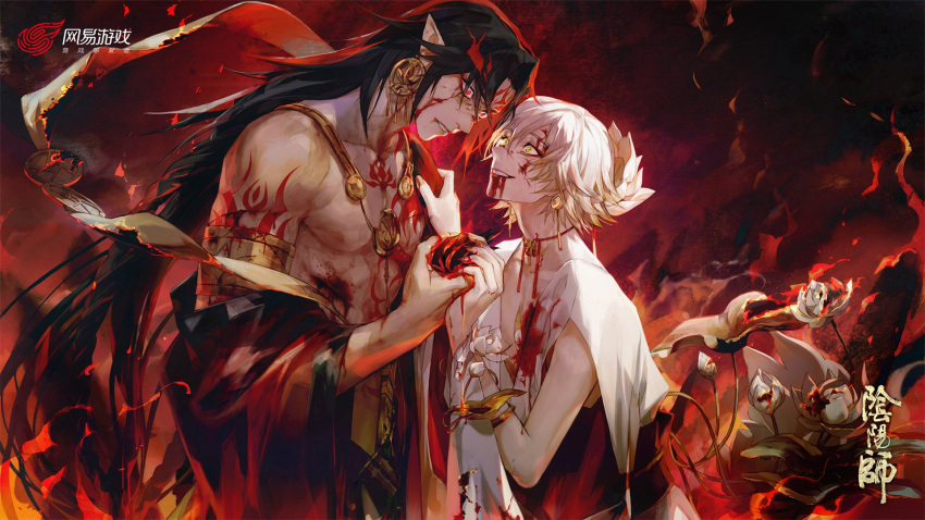 2boys asura_(onmyoji) blood blood_from_mouth blood_on_face chest_tattoo chinese_clothes chinese_text clothes_pull copyright_name crazy_eyes crazy_smile earrings fire flower from_side frown grabbing_another's_shoulder green_eyes haban_(haban35) hair_between_eyes head_tilt highres holding jacket jacket_pull jewelry long_hair looking_at_another looking_at_hand lotus male_focus multicolored_hair multiple_boys necklace o-ring_arm_strap onmyoji open_clothes open_jacket parted_bangs pectorals red_eyes red_jacket short_hair shoulder_tattoo sleeveless smile streaked_hair taishakuten_(onmyoji) tan tattoo upper_body white_hair wide-eyed