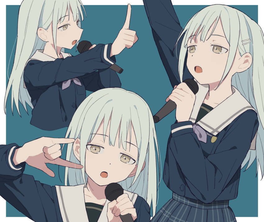 1girl \m/ arm_up bang_dream! bang_dream!_it's_mygo!!!!! black_skirt blue_background border coldcat. commentary expressionless green_hair grey_neckerchief hair_ornament hairclip highres holding holding_microphone index_finger_raised long_hair long_sleeves microphone multiple_views music neckerchief open_mouth plaid plaid_skirt pleated_skirt sailor_collar school_uniform simple_background singing skirt tsukinomori_school_uniform wakaba_mutsumi white_border white_sailor_collar yellow_eyes