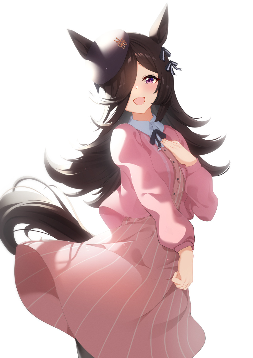 1girl :d absurdres animal_ears black_ribbon bloom blush brown_hair brown_tail buttons cardigan clip_studio_paint_(medium) commentary_request cowboy_shot dress ear_ribbon hair_over_one_eye hand_on_own_chest highres horse_ears horse_girl horse_tail light_particles long_hair long_sleeves looking_at_viewer making-of_available one_eye_covered open_cardigan open_clothes open_mouth pink_cardigan pink_dress ribbon rice_shower_(umamusume) simple_background smile solo standing sunny_(20597521) tail umamusume violet_eyes white_background