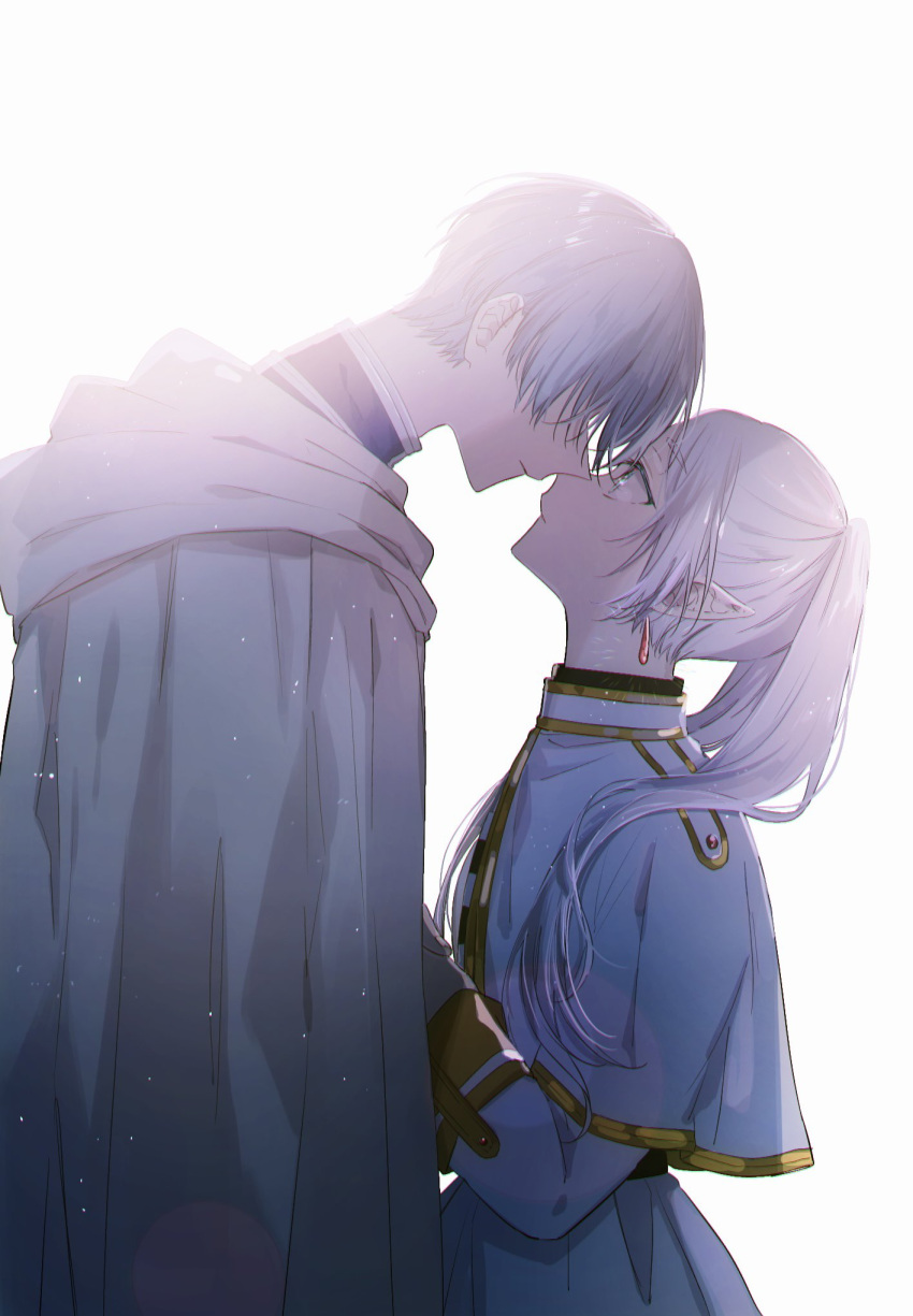1boy 1girl blue_hair blue_tunic capelet cloak closed_mouth collared_dress collared_shirt colored_eyelashes commentary commentary_request covered_eyes dangle_earrings dress drop_earrings earrings elf frieren green_eyes grey_cloak hair_over_eyes highres himmel_(sousou_no_frieren) jewelry long_hair long_sleeves looking_at_another parted_bangs pointy_ears shirt short_hair sousou_no_frieren twintails white_capelet white_hair yoichi_hnkn