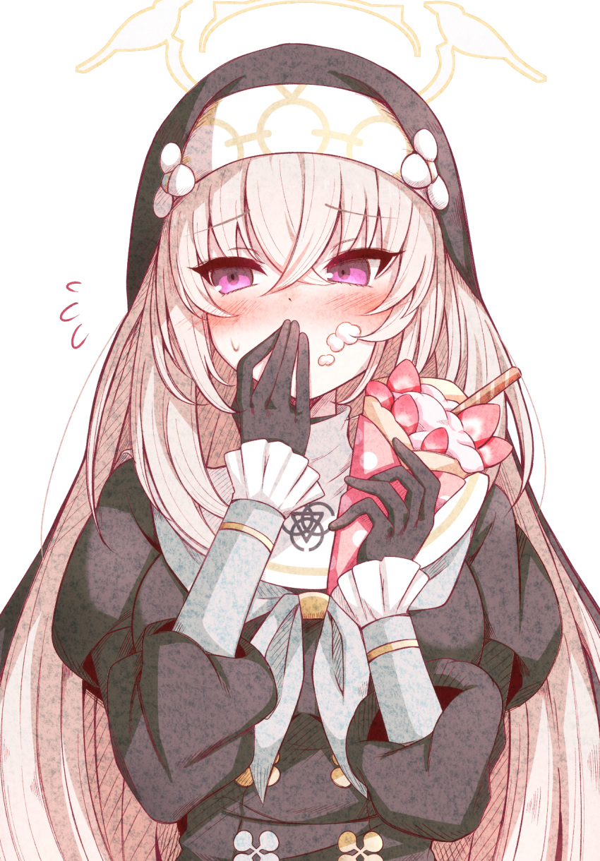 1girl black_gloves blue_archive blush covering_own_mouth cream cream_on_face crossed_bangs food food_on_face fruit gloves grey_hair grey_halo hair_between_eyes halo highres holding holding_food karikura_(atatata71) long_hair long_sleeves nun puffy_long_sleeves puffy_sleeves sakurako_(blue_archive) simple_background solo strawberry violet_eyes white_background