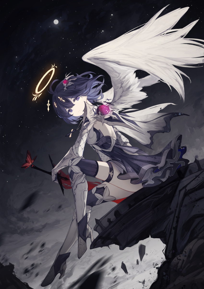 1girl absurdres angel angel_wings armor black_footwear black_hair blue_eyes blue_hair candle closed_mouth colored_inner_hair darkworldsss feathered_wings full_body full_moon halo highres holding holding_weapon honkai_(series) honkai_impact_3rd long_sleeves looking_at_viewer moon multicolored_hair night night_sky revision scenery seele_vollerei short_hair sky solo star_(sky) starry_sky weapon white_wings wings