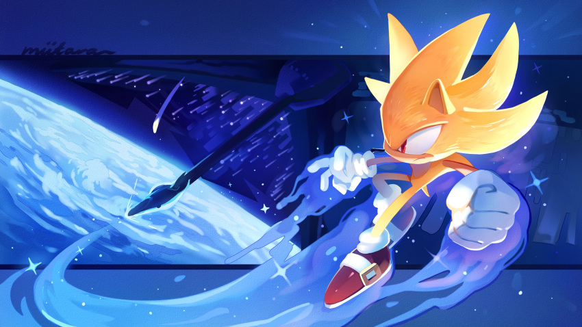 1boy absurdres aura earth_(planet) furry furry_male gloves highres male_focus miitara planet red_eyes red_footwear shoes solo sonic_(series) sonic_the_hedgehog space spacecraft super_sonic white_gloves yellow_fur