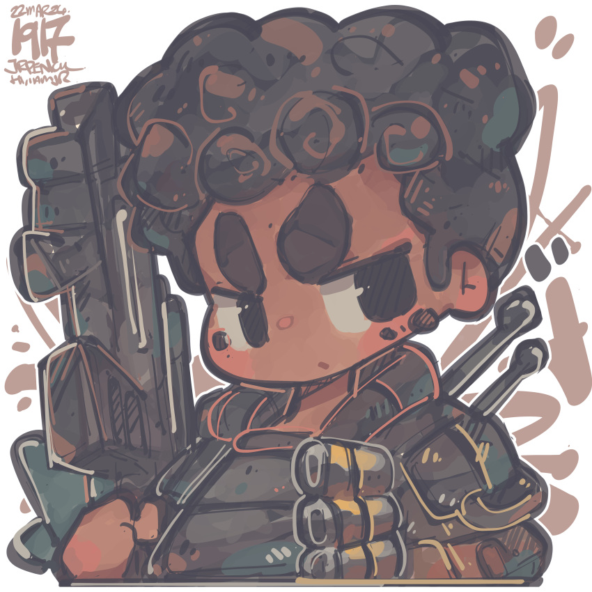 1girl absurdres apex_legends artist_name bangalore_(apex_legends) brown_hair brown_jacket bulletproof_vest dark-skinned_female dark_skin dated g7_scout gun hair_behind_ear highres holding holding_gun holding_weapon jacket jrpencil rifle short_hair solo thick_eyebrows v-shaped_eyebrows weapon