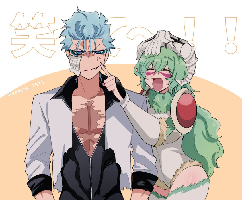 1boy 1girl :d ^_^ anger_vein annoyed arms_at_sides bleach bleach:_sennen_kessen-hen blue_eyes blue_hair cheek_poking closed_eyes cowboy_shot facial_mark fur-trimmed_leotard fur_trim green_hair grimmjow_jaegerjaquez hair_between_eyes hand_up index_finger_raised leotard long_hair long_sleeves looking_at_viewer mask mask_on_head nelliel_tu_odelschwanck open_clothes open_mouth open_shirt orange_background poking scar scar_on_cheek scar_on_face shirt short_hair simple_background skull_mask smile spiky_hair thigh-highs torn_clothes torn_shirt translated tsurime twitter_username two-tone_background upper_body v-shaped_eyebrows very_long_hair wavy_hair white_background white_leotard white_shirt white_thighhighs yanono_015
