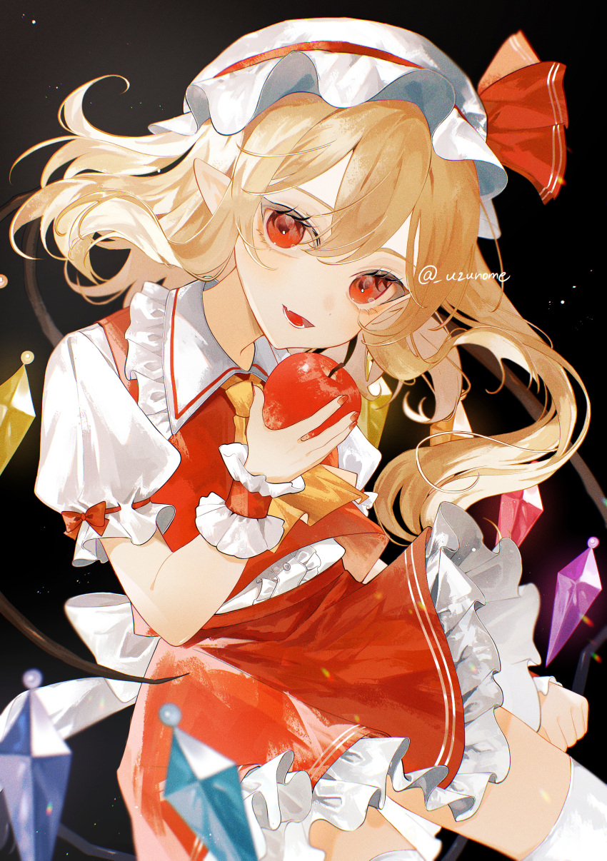 1girl absurdres apple artist_name ascot black_background blonde_hair center_frills commentary_request cowboy_shot crystal flandre_scarlet food frilled_skirt frills fruit hand_up hat hat_ribbon highres holding holding_food holding_fruit long_hair looking_at_viewer mob_cap open_mouth pointy_ears puffy_short_sleeves puffy_sleeves red_apple red_eyes red_nails red_ribbon red_skirt red_vest ribbon shirt short_sleeves skirt smile solo thigh-highs touhou uzmee vest white_shirt white_thighhighs wings wrist_cuffs yellow_ascot