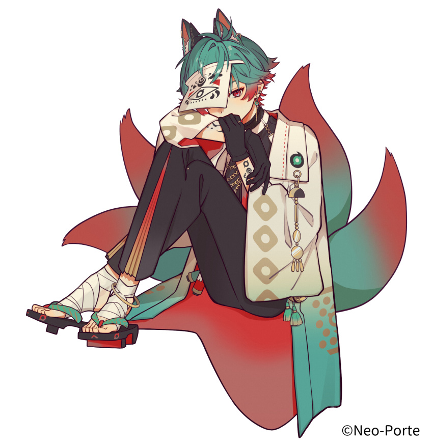 1boy amenochi_hare animal_ears anklet aqua_hair bandaged_foot bandages bishounen black_gloves black_pants copyright_notice crossed_legs dangle_earrings earrings fox_ears fox_tail full_body gloves hair_between_eyes highres jewelry knees_up looking_at_viewer male_focus multicolored_hair multiple_tails neo-porte pants red_eyes redhead sandals short_hair sitting slit_pupils solo tail two-tone_hair virtual_youtuber white_background yagami_tsukumo