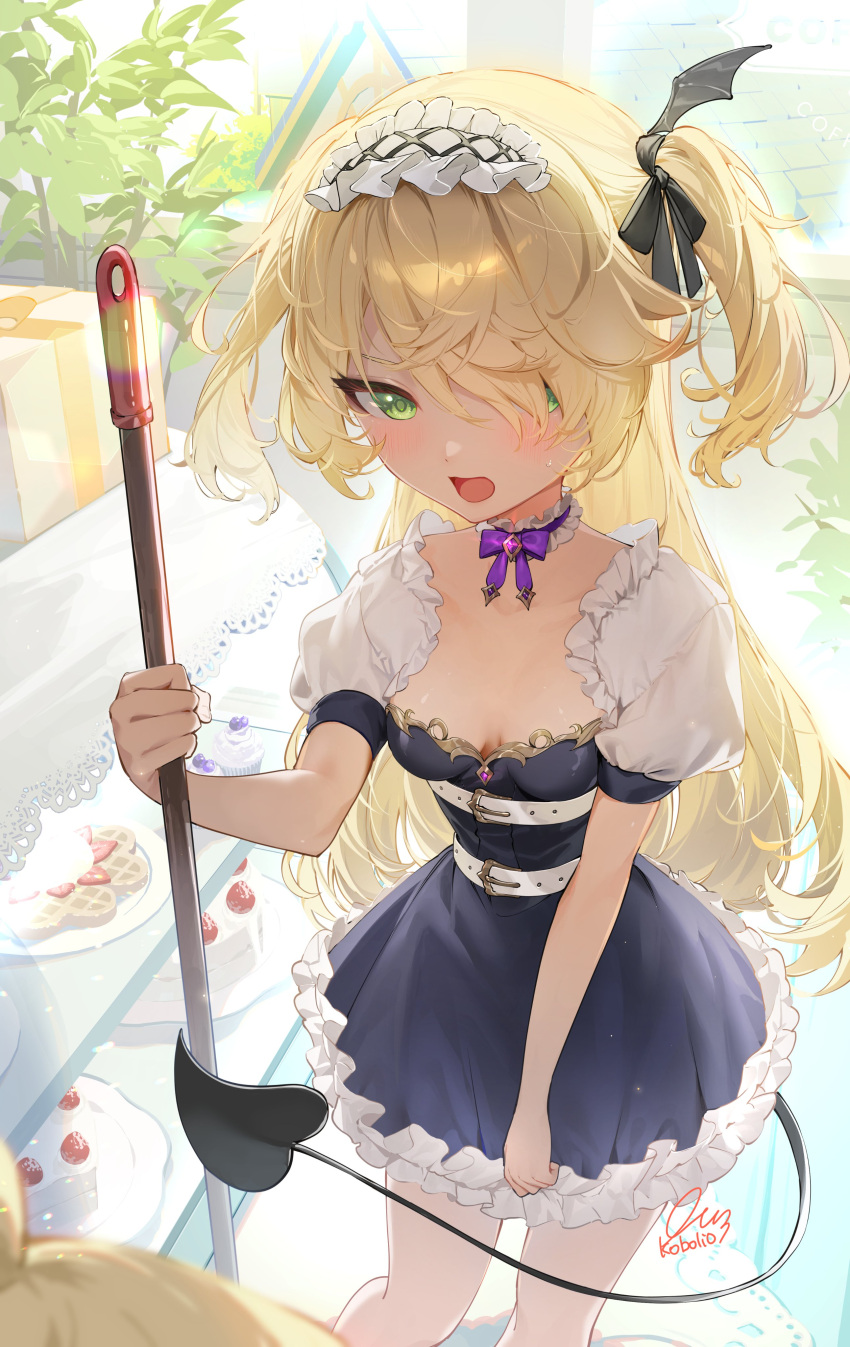 2girls absurdres barbara_(genshin_impact) black_ribbon blonde_hair bow bowtie breasts cake demon_tail dress fischl_(genshin_impact) food genshin_impact green_eyes hair_ornament hair_over_one_eye hair_ribbon hairband highres holding kkopoli long_hair looking_at_viewer multiple_girls no_eyepatch open_mouth purple_bow purple_bowtie ribbon small_breasts solo tail twintails two_side_up