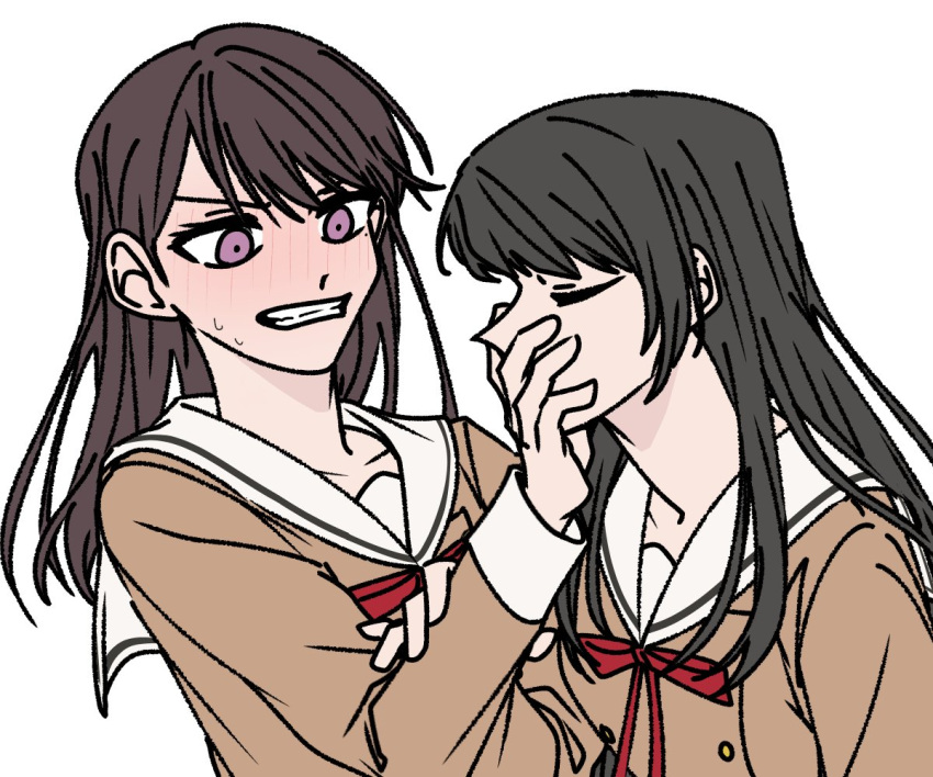 2girls a_jak bang_dream! bang_dream!_it's_mygo!!!!! black_hair blush brown_dress brown_hair clenched_teeth closed_eyes commentary_request covering_another's_mouth dress hanasakigawa_school_uniform hand_over_another's_mouth kiss kissing_hand korean_commentary long_hair multiple_girls neck_ribbon red_ribbon ribbon sailor_collar school_uniform shiina_taki simple_background sweatdrop teeth violet_eyes white_background white_sailor_collar yahata_umiri yuri