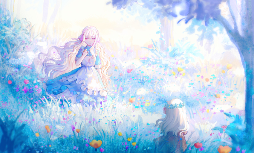 2girls absurdres age_progression apron blue_dress blue_flower blue_theme bow brown_dress clenched_hand dress dual_persona flower forest grass hair_bow hairband hand_up head_wreath highres jewelry kagerou_project kozakura_marry liliantsai0417 long_hair multiple_girls nature necklace pink_bow pink_hairband short_sleeves sidelocks standing tree very_long_hair wavy_hair white_apron white_hair