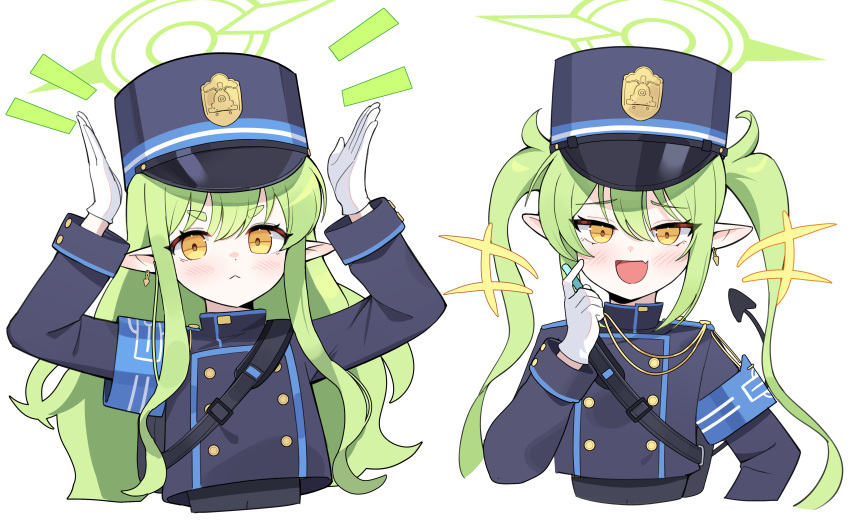 2girls :&lt; :d absurdres aiguillette armband blue_archive blue_armband blue_hat blue_jacket blush buttons closed_mouth collared_jacket cropped_torso dalgam12 demon_tail double-breasted earrings fang gloves green_hair halo hand_on_own_cheek hand_on_own_face hat highres hikari_(blue_archive) jacket jewelry long_hair multiple_girls nozomi_(blue_archive) open_mouth pointy_ears rabbit_pose shako_cap shoulder_boards siblings side-by-side sidelocks sisters skin_fang smile tail twins twintails wavy_hair white_gloves