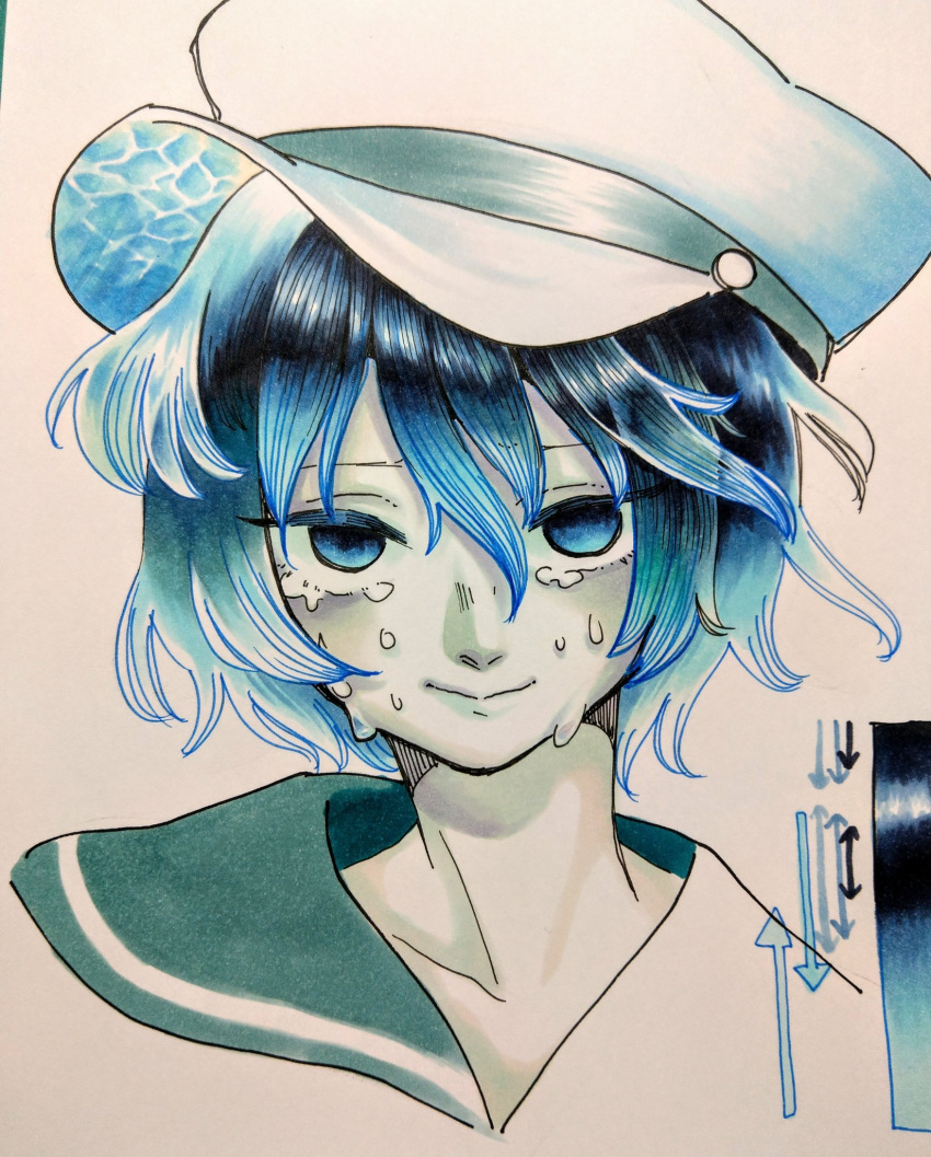 1girl arrow_(symbol) blue_eyes blue_hair buttons collar crying crying_with_eyes_open ghost green_collar green_sailor_collar hair_between_eyes hat highres multicolored_hair murasa_minamitsu sailor sailor_collar sailor_hat sailor_shirt shirt simple_background smile tears touhou traditional_media two-tone_hair water white_background white_hat white_shirt whoru