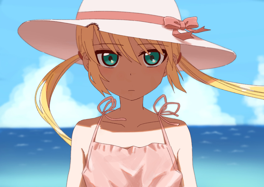 1girl a_(toitoitoioekk) absurdres bare_shoulders blonde_hair blue_sky clouds day dress expressionless green_eyes hat hayate_no_gotoku! highres horizon long_hair looking_at_viewer ocean pink_dress sanzen'in_nagi sky solo sun_hat swimsuit twintails upper_body wind