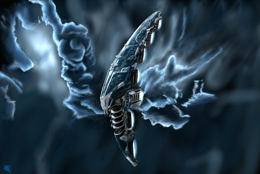 blue_theme capital_ship_(eve_online) clouds commentary concept_art eve_online exploration_ship_(eve_online) flying gallente_federation_(eve_online) glowing highres no_humans novafox original pirate_faction_(eve_online) science_fiction servant_sisters_of_eve spacecraft thrusters vehicle_focus