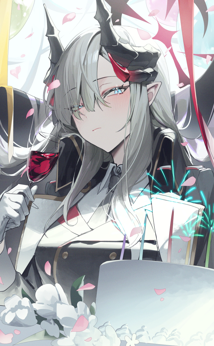 1girl absurdres balloon birthday_cake black_horns blue_archive blush cake closed_mouth collared_shirt cup demon_horns drinking_glass flower food g5_(g5_gugu) gloves gradient_horns grey_hair hair_over_one_eye halo highres holding holding_cup horns long_hair looking_at_viewer makoto_(blue_archive) multicolored_horns multiple_horns petals pointy_ears red_halo ribbon shirt solo upper_body white_flower white_gloves wine_glass