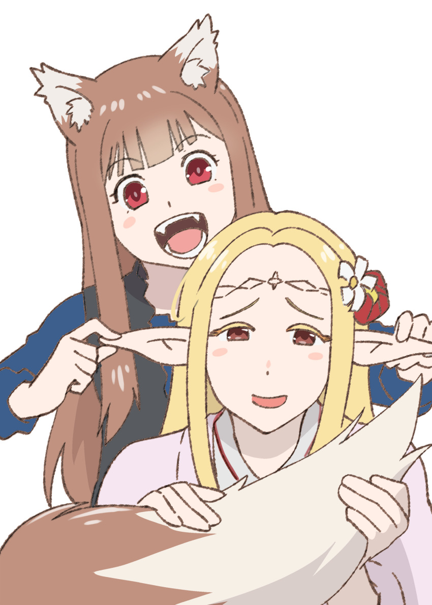 2girls :d animal_ear_fluff animal_ears blonde_hair blunt_bangs blush_stickers brown_hair commentary_request crossover edomae_elf eldali_ilma_fanomenel elf flower forehead hair_flower hair_ornament hand_on_another's_ear head_tilt headpiece highres holo hugging_tail japanese_clothes koshimizu_ami long_hair long_sleeves looking_at_another looking_at_viewer miko multiple_girls parted_bangs pointy_ears red_eyes sidelocks simple_background smile spice_and_wolf tail ueyama_michirou voice_actor_connection white_background wide_sleeves wolf_ears wolf_girl wolf_tail