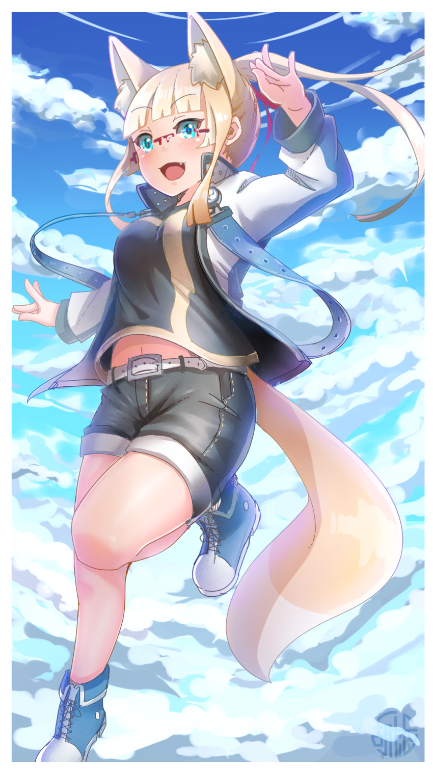 1girl :d animal_ear_fluff animal_ears arm_up belt belt_buckle black_shirt black_shorts blonde_hair blue_eyes blue_footwear blue_sky breasts buckle clouds commentary_request day fang floating_hair fox_ears fox_girl fox_tail glasses highres jacket kuro_kosyou long_hair long_sleeves looking_at_viewer medium_breasts midriff_peek navel open_clothes open_jacket original outdoors ponytail puffy_long_sleeves puffy_sleeves shirt shoes short_shorts shorts sky smile solo tail white_belt white_jacket