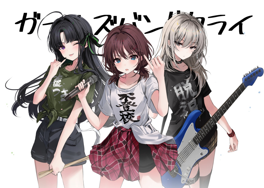 3girls absurdres ahoge asymmetrical_hair awa_subaru belt bike_shorts_under_skirt black_choker black_hair black_nails black_ribbon black_shirt black_shorts black_thighhighs blue_eyes blush brown_hair brown_skirt c0m3_as_y0u_ar3 choker closed_mouth clothes_writing commentary_request cowboy_shot drumsticks earrings floating_hair girls_band_cry green_shirt grey_eyes grey_hair hair_between_eyes hair_ornament hair_ribbon hair_spread_out highres holding holding_drumsticks holding_instrument holding_microphone instrument iseri_nina jewelry kawaragi_momoka long_hair looking_at_viewer low_twintails microphone multiple_girls nail_polish one_eye_closed open_mouth parted_bangs pinky_out plaid plaid_skirt pleated_skirt red_skirt ribbon shirt shirt_partially_tucked_in short_hair short_sleeves short_twintails shorts showgirl_skirt simple_background single_thighhigh skirt stud_earrings studded_bracelet studded_choker t-shirt thigh-highs thigh_strap tied_shirt translation_request twintails unmoving_pattern violet_eyes white_background white_belt white_shirt x_hair_ornament