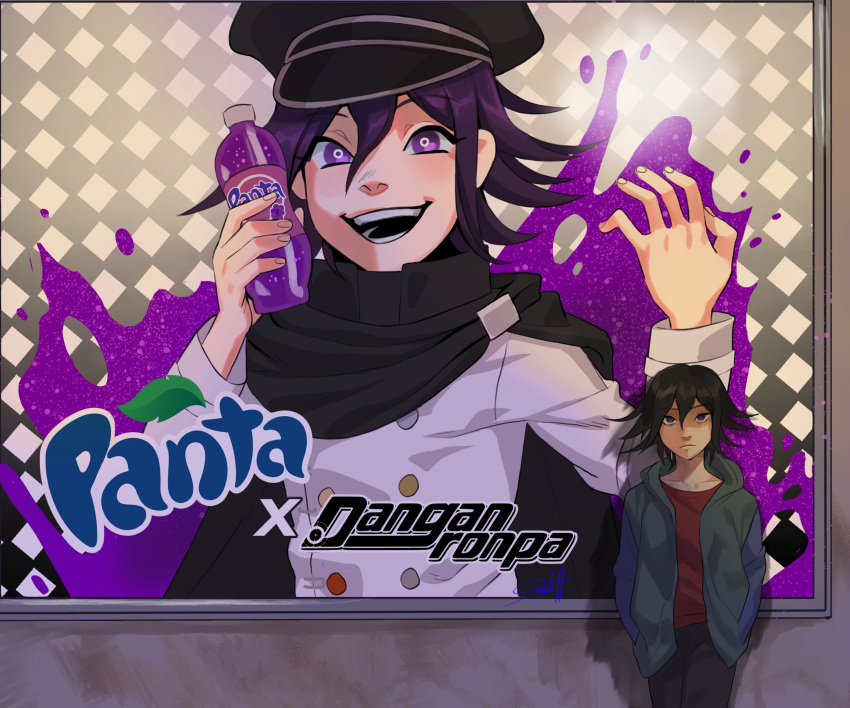 1boy ad against_wall black_hair black_hat blush bottle buttons checkered_background collarbone copyright_name danganronpa_(series) danganronpa_v3:_killing_harmony drink english_commentary expressionless fanta flipped_hair hair_between_eyes hands_in_pockets hands_up highres holding holding_bottle holding_drink hood hoodie long_sleeves looking_at_viewer male_focus oma_kokichi open_clothes open_hoodie open_mouth poster_(object) promo_poster purple_hair red_shirt septimo_dante serious shadow shirt short_hair signature smile splatter_background teeth upper_body violet_eyes