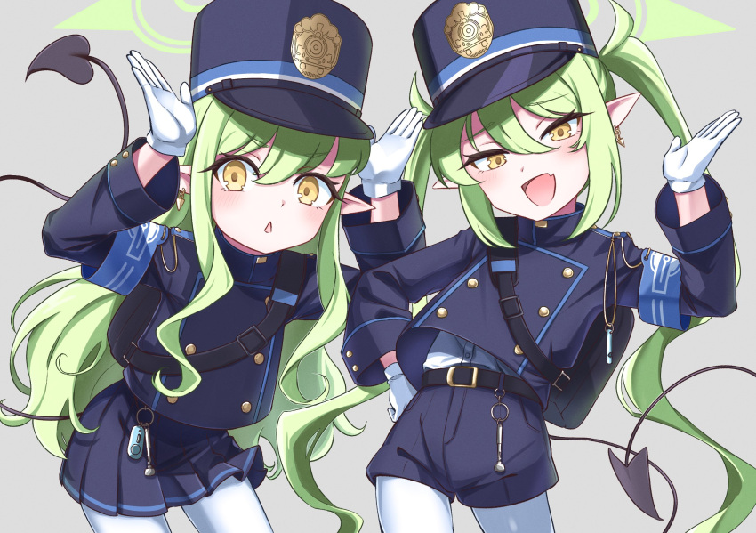 2girls :d belt black_belt blue_archive blue_jacket blue_shorts blue_skirt blush buttons commentary curly_hair demon_girl demon_tail double-breasted fang gloves green_hair green_halo hair_between_eyes half-closed_eyes halo hand_on_own_hip hand_up hands_up hat highres hikari_(blue_archive) jacket keshikasu9 leaning_forward leaning_to_the_side long_hair miniskirt multiple_girls nozomi_(blue_archive) pantyhose pleated_skirt shirt short_shorts shorts siblings sisters skirt smile staring tail twins twintails very_long_hair white_gloves white_shirt yellow_eyes