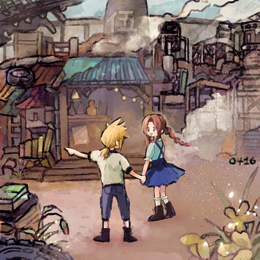 1boy 1girl aerith_gainsborough aged_down alternate_universe aqua_shirt black_footwear black_shirt blonde_hair blue_pants blue_skirt braid braided_ponytail brown_hair child city cloud_strife dated final_fantasy final_fantasy_vii final_fantasy_vii_rebirth final_fantasy_vii_remake flower full_body highres holding_hands long_hair looking_at_another low_ponytail nobu_(25mark) open_mouth pants pointing puffy_short_sleeves puffy_sleeves shirt shirt_under_shirt shop short_hair short_sleeves sidelocks single_braid skirt smile spiky_hair storefront suspender_skirt suspenders white_shirt yellow_flower
