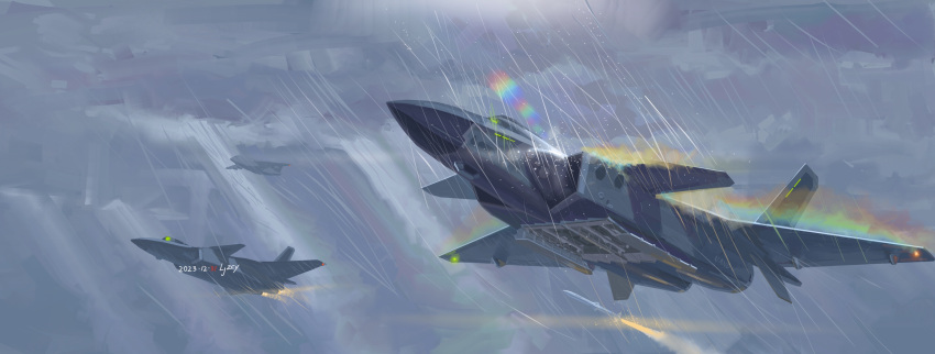 absurdres afterburner air-to-air_missile aircraft airplane chinese_commentary clouds fighter_jet highres j-20 jayatn_ljzcy jet military_vehicle no_humans original people's_liberation_army people's_liberation_army_air_force rain rainbow scenery vehicle_focus