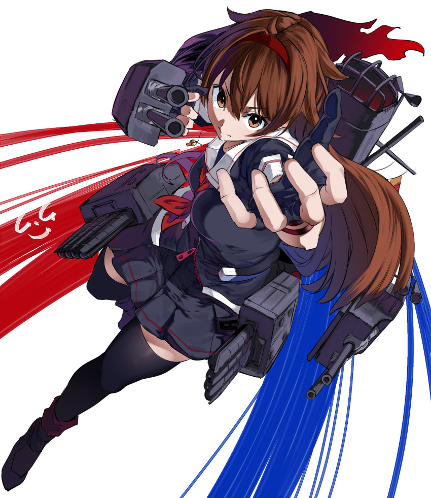 1girl adapted_turret ahoge asymmetrical_clothes black_serafuku blush braid breasts brown_eyes brown_hair cannon fingerless_gloves gegeron gloves hair_between_eyes hair_flaps hair_ornament hair_over_shoulder hairband highres holding holding_turret kantai_collection long_hair machinery mast medium_breasts neckerchief pleated_skirt red_hairband red_neckerchief rigging sailor_collar scarf school_uniform serafuku shiratsuyu_(kancolle) shiratsuyu_kai_ni_(kancolle) signature single_braid skirt smokestack solo thigh-highs torpedo_launcher torpedo_tubes turret whistle whistle_around_neck white_background white_sailor_collar white_scarf