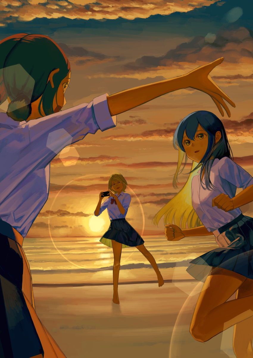 3girls absurdres arms_up bare_legs barefoot beach black_skirt blonde_hair blue_hair breasts brown_eyes brown_hair cellphone clenched_hands clouds cloudy_sky collared_shirt double-parted_bangs fingernails foot_up hair_between_eyes hands_up highres holding holding_phone idolmaster idolmaster_cinderella_girls leg_up lens_flare long_bangs long_hair looking_at_another low_twintails medium_bangs medium_breasts medium_hair multiple_girls muramatsu_sakura neckerchief new_wave_(idolmaster) ohishi_izumi open_mouth outdoors outstretched_arms phone pink_eyes red_neckerchief sakuraop sand school_uniform shirt short_hair short_sleeves short_twintails sidelocks skirt sky small_breasts smartphone smile spread_arms standing standing_on_one_leg straight_hair sun swept_bangs tsuchiya_ako twintails water waves white_shirt
