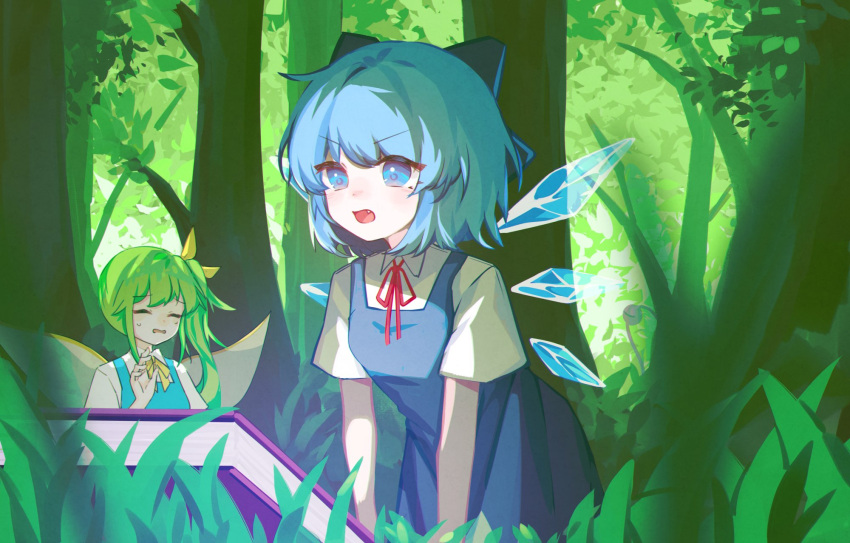 blue_dress blue_eyes blue_hair cirno daiyousei dress fairy_wings forest grass green_hair highres ice ice_wings nature outdoors takki_(takkiko) touhou touhou_hero_of_ice_fairy wings