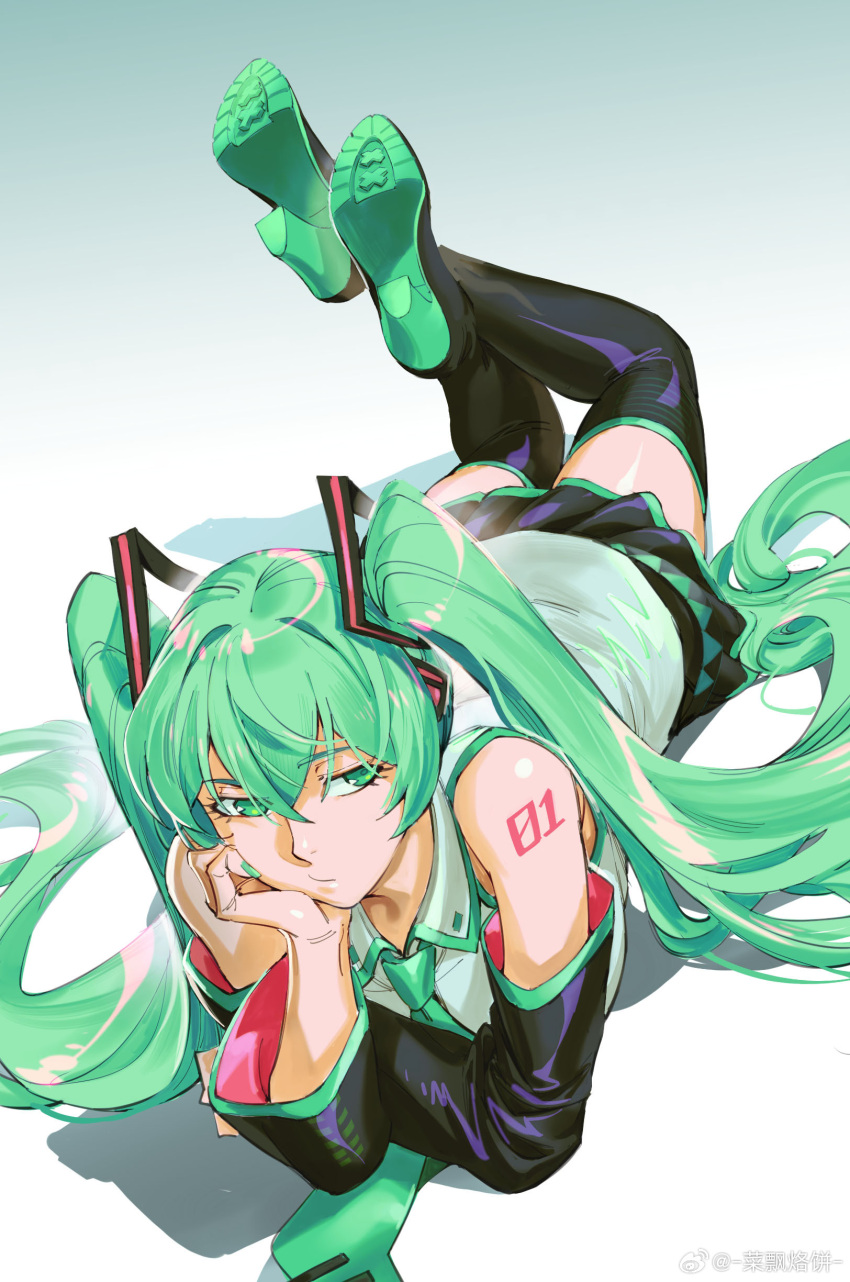 1girl :/ absurdres alternate_hair_color bare_shoulders black_footwear black_skirt black_sleeves boots collared_shirt crossed_ankles detached_sleeves feet_up full_body gradient_background green_eyes green_hair green_nails green_necktie hair_between_eyes hair_ornament hatsune_miku head_rest high_heels highres legs_up long_hair long_sleeves looking_to_the_side lying miniskirt necktie on_stomach ruukii_drift shirt shoe_soles shoulder_tattoo skirt sleeveless sleeveless_shirt solo tattoo the_pose thigh_boots twintails very_long_hair vocaloid weibo_logo weibo_username white_background white_shirt