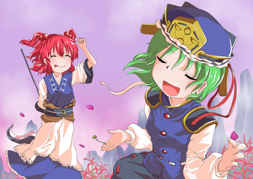 2girls :d :p absurdres arm_up black_skirt blue_dress blue_vest brown_sash buttons closed_eyes coin coin_on_string dress flower fog frilled_hat frills green_hair hair_bobbles hair_ornament hat highres holding holding_flower holding_petal holding_scythe iruka_no_hito light_blush long_sleeves mountain multiple_girls obi obidome onozuka_komachi outdoors petals red_ribbon redhead ribbon ribbon-trimmed_skirt ribbon-trimmed_vest ribbon_trim sash scythe shiki_eiki short_hair short_sleeves skirt smile spider_lily tongue tongue_out touhou two_side_up vest white_ribbon