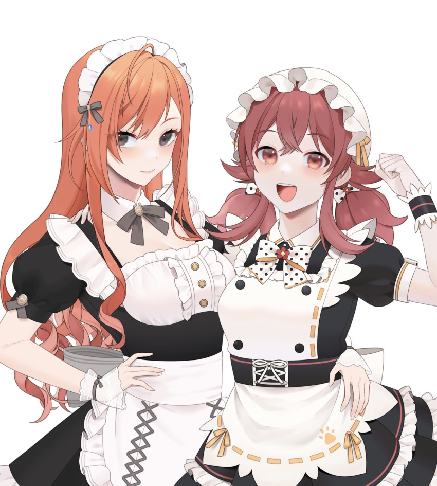 2girls :d ahoge alternate_costume apron arisugawa_natsuha bow bowtie breasts detached_collar enmaided grey_eyes hand_on_another's_shoulder hand_on_another's_waist hat highres idolmaster idolmaster_shiny_colors komiya_kaho long_hair looking_at_viewer low_twintails maid maid_apron maid_headdress mob_cap multiple_girls official_alternate_costume orange_hair red_eyes redhead short_sleeves side-by-side simple_background smile twintails white_background wrist_cuffs yxxxllpo