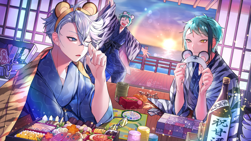 3boys animal_ears azul_ashengrotto blanket blue_hair blue_kimono bottle brown_eyes fake_animal_ears floyd_leech food grey_hair heterochromia highres indoors jade_leech japanese_clothes kimono male_focus mitsunari_miyako multiple_boys sake_bottle short_hair sitting smile sunrise table twisted_wonderland yellow_eyes