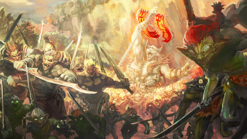banner battle_standard braid cliff fantasy glowing glowing_eye goblin highres holding holding_sword holding_weapon kuro_dora looking_at_viewer no_humans ogre orc original outdoors pointy_ears redhead standard_bearer sword sword_world_2.0 tusks war_banner weapon wide_shot