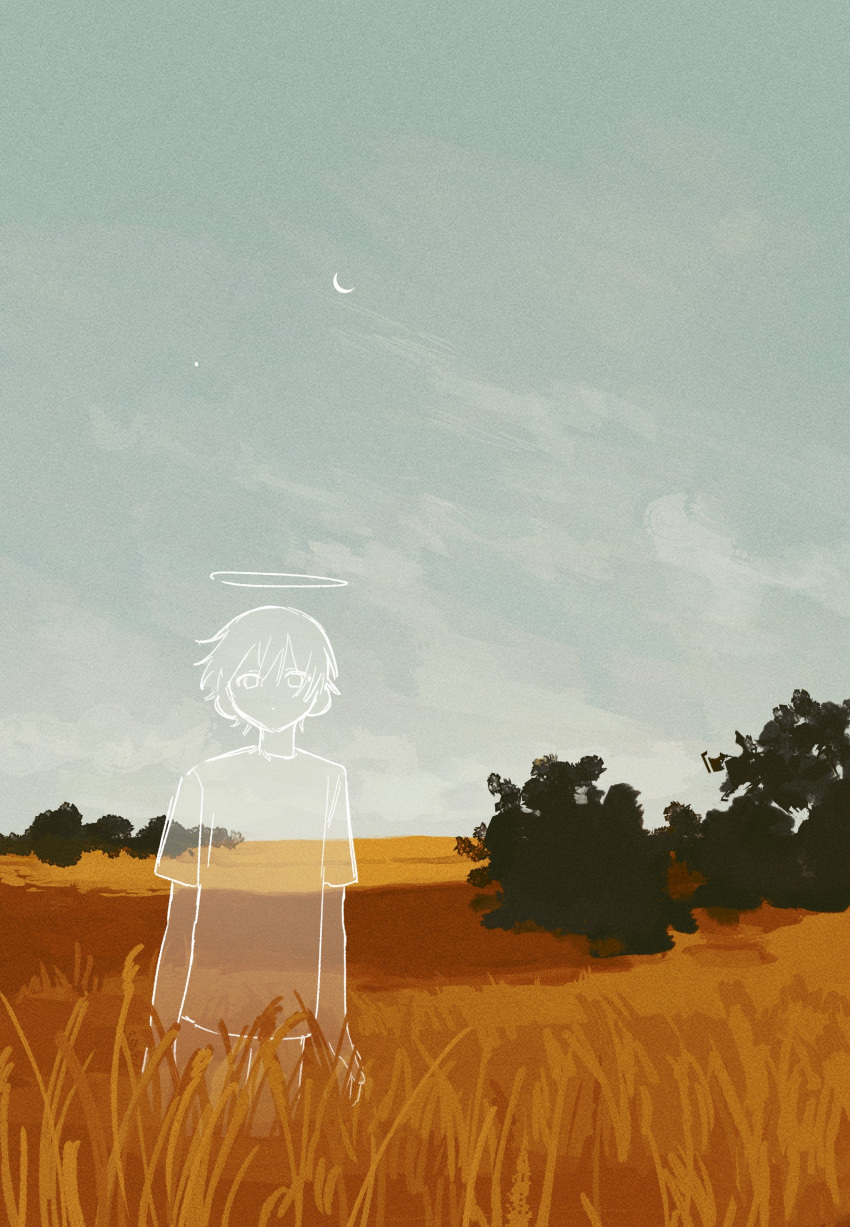 1boy absurdres arms_at_sides blue_sky cowboy_shot crescent_moon field ghost grass hair_between_eyes halo highres horizon looking_at_viewer moon original outline shirt short_sleeves sidelocks sky solo tall_grass tree uzmaki_tamago white_outline