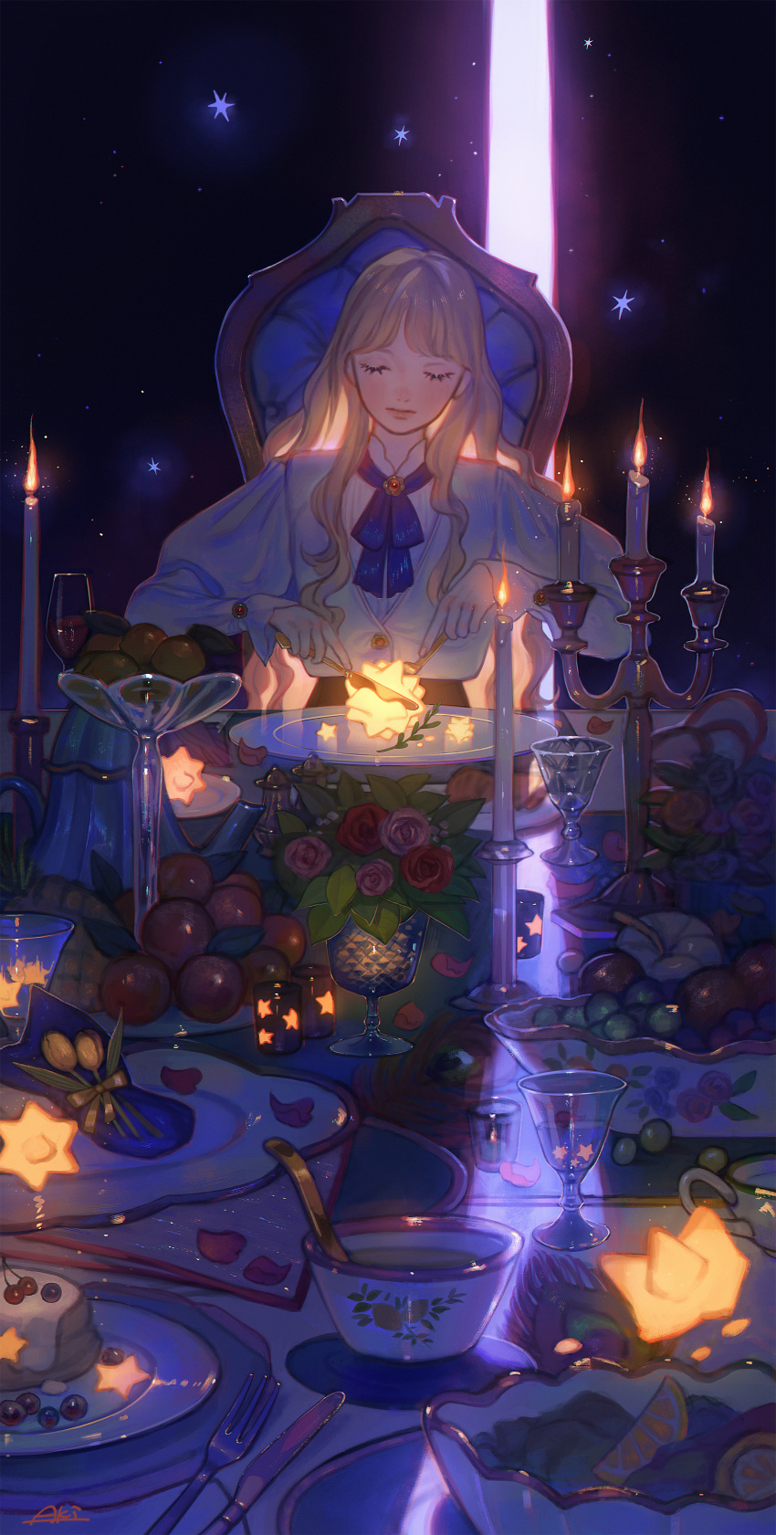 1girl absurdres aki_a0623 artist_name blonde_hair blue_ribbon candle candlestand chair cherry closed_eyes closed_mouth cup facing_viewer flower food fork fruit gem glowing grapes highres holding holding_fork holding_knife knife lemon lemon_slice lips long_hair long_sleeves neck_ribbon on_chair orange_(fruit) original pineapple pink_flower plate print_cup red_flower red_gemstone ribbon shirt signature sitting solo star_(symbol) star_print table teapot white_shirt yellow_flower