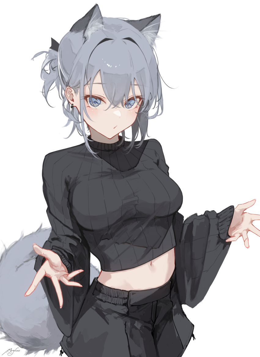 1girl absurdres animal_ear_fluff animal_ears black_shorts black_sweater blue_eyes blush breasts closed_mouth commentary_request crop_top grey_hair hair_between_eyes hair_intakes highres long_sleeves looking_at_viewer mayogii medium_breasts midriff navel original puffy_long_sleeves puffy_sleeves ribbed_sweater shorts simple_background sleeves_past_wrists solo sweater tail white_background