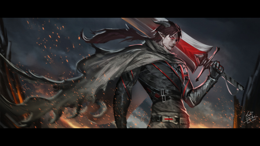 1boy absurdres arknights armor black_gloves cape demon_boy demon_horns eyepatch eyewear_strap gloves grey_cloak highres hoederer_(arknights) holding holding_sword holding_weapon horns ikasamahideo letterboxed long_hair male_focus outdoors pointy_ears red_eyes solo sword weapon