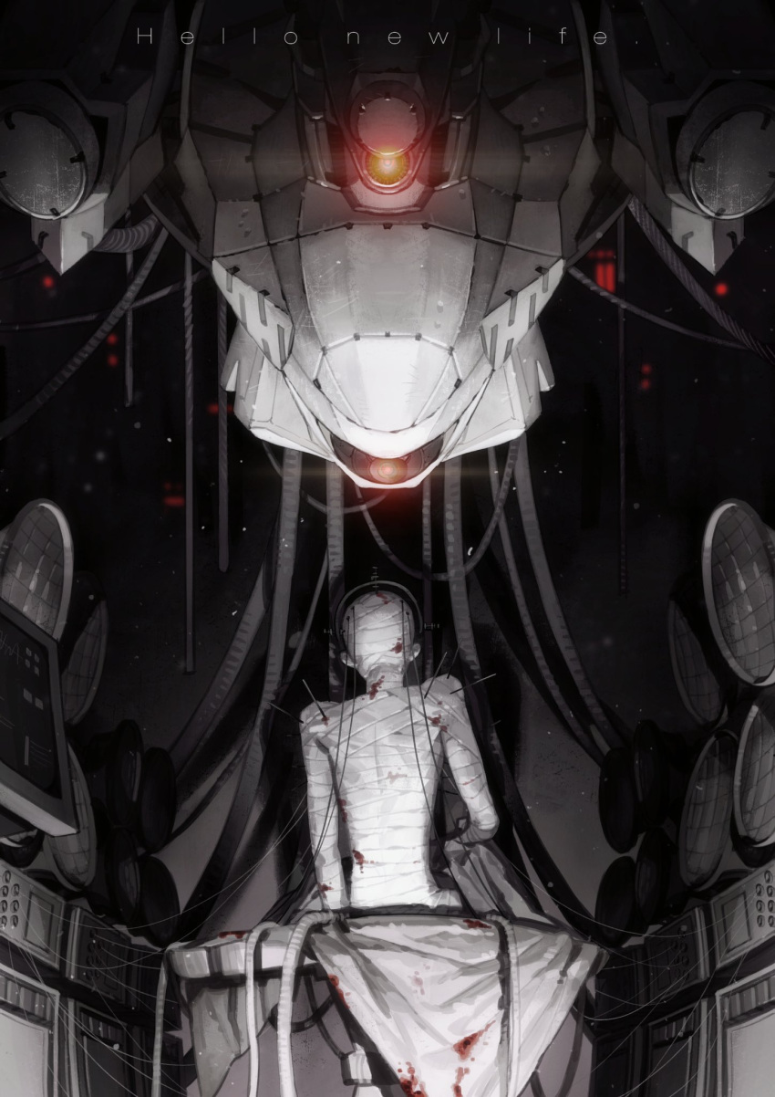 1other 621_(armored_core_6) ambiguous_gender armored_core armored_core_6 bandaged_arm bandaged_chest bandaged_head bandages blood blood_stain cable english_text from_behind highres la_bo_chu_shi loader_4 mecha monitor red_eyes robot science_fiction sitting