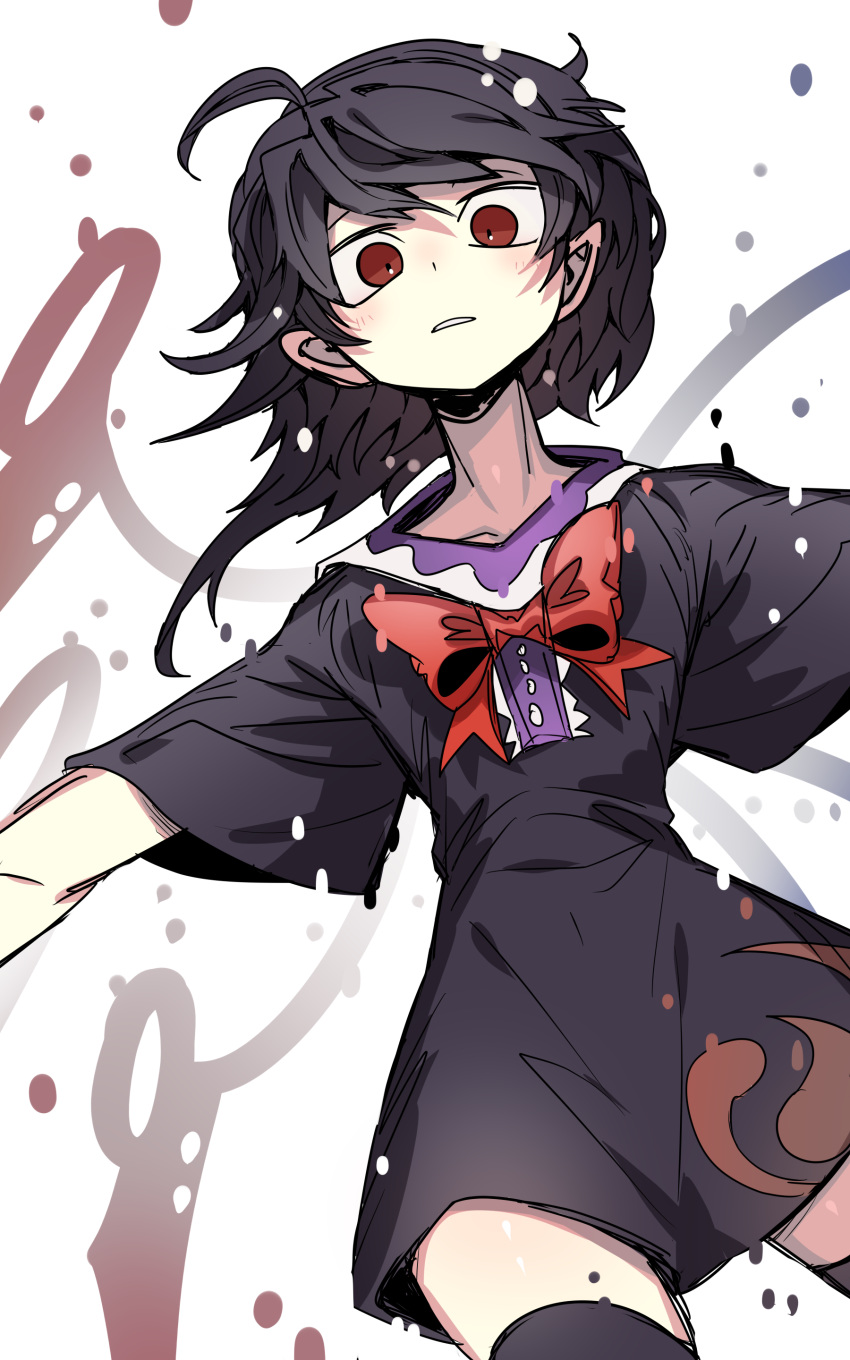 1girl absurdres ahoge black_dress black_hair black_thighhighs blue_wings blush bow bowtie commentary_request cowboy_shot dress grey_background highres houjuu_nue ichirugi looking_at_viewer medium_bangs medium_hair parted_lips pointy_ears red_bow red_bowtie red_eyes red_wings short_sleeves solo thigh-highs tomoe_(symbol) touhou wings