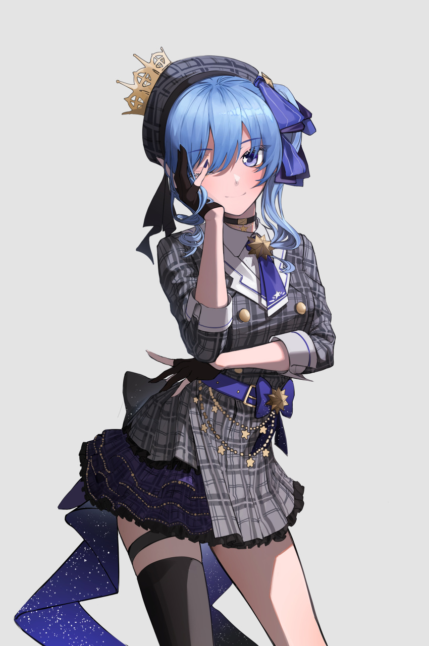 1girl absurdres arm_rest ascot belt beret black_gloves blue_ascot blue_belt blue_choker blue_eyes blue_hair blush choker cookook crown dress gloves grey_hat hair_between_eyes hand_on_own_face hat highres hololive hoshimachi_suisei hoshimachi_suisei_(1st_costume) jacket looking_at_viewer mini_crown partially_fingerless_gloves plaid plaid_dress plaid_headwear plaid_jacket ribbon side_ponytail smile solo star_(symbol) star_choker star_in_eye symbol_in_eye thighlet thighs virtual_youtuber
