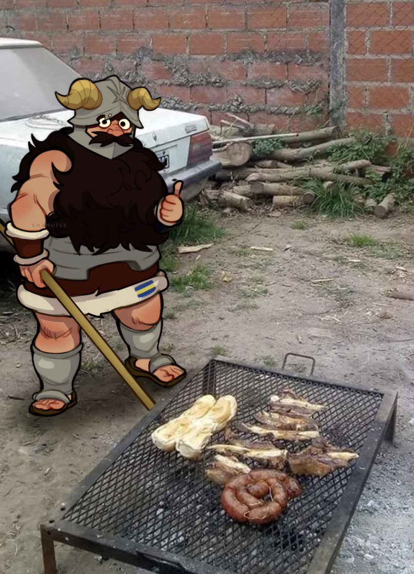 1boy beard blurry commentary_request cooking depth_of_field dungeon_meshi dwarf expressionless facial_hair fake_horns food full_body grill grilling helmet highres holding holding_tongs horned_helmet horns khamoise long_beard looking_at_viewer male_focus muscular muscular_male parody_request photo_background senshi_(dungeon_meshi) solo spanish_commentary standing thick_mustache thumbs_up tongs very_long_beard