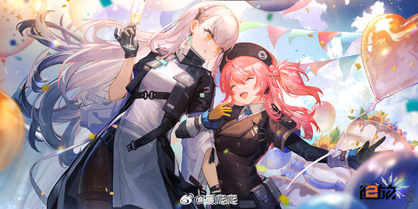 2girls ak-alfa_(girls'_frontline) balloon belt_pouch beret black_gloves black_pantyhose blue_necktie blue_sky brown_dress brown_hat cake champagne_flute closed_eyes clouds collared_shirt confetti copyright_name cup dress drinking_glass floating_hair food girls_frontline gloves hat heart_balloon highres holding holding_cup layered_sleeves locked_arms logo long_hair long_sleeves looking_at_another mp7_(girls'_frontline) multiple_girls necktie nuanpapa one_side_up open_mouth pantyhose pouch redhead shirt short_over_long_sleeves short_sleeves side_slit sky smile string_of_flags upper_body weibo_logo weibo_username white_dress white_shirt