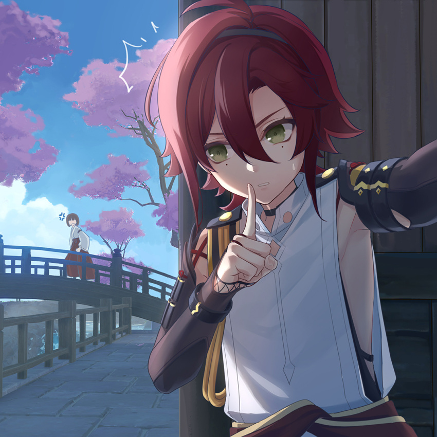 1boy 1girl ^^^ ahoge aiguillette anger_vein angry armor black_choker blue_sky blunt_bangs bob_cut bracelet bridge brown_hair building cherry_blossoms choker clothes_around_waist clothing_cutout clouds commentary_request day finger_to_mouth game_screenshot_background genshin_impact green_eyes hair_between_eyes hair_intakes hakama hakama_pants hand_up index_finger_raised japanese_armor japanese_clothes jewelry kimono kote kurokote long_hair long_sleeves low_ponytail male_focus miko mole mole_under_eye multiple_moles open_mouth outdoors outstretched_arm pants parted_bangs parted_lips ponytail railing red_hakama redhead ribbon-trimmed_sleeves ribbon_trim selfie shikanoin_heizou shirt short_hair shushing side_cutout sideless_outfit sidelocks sideways_glance sky sleeveless sleeveless_shirt solo_focus stone_floor sweatdrop tree upper_body water white_kimono white_shirt wide_sleeves wooden_bridge wooden_railing yonaka_(yonaka221)