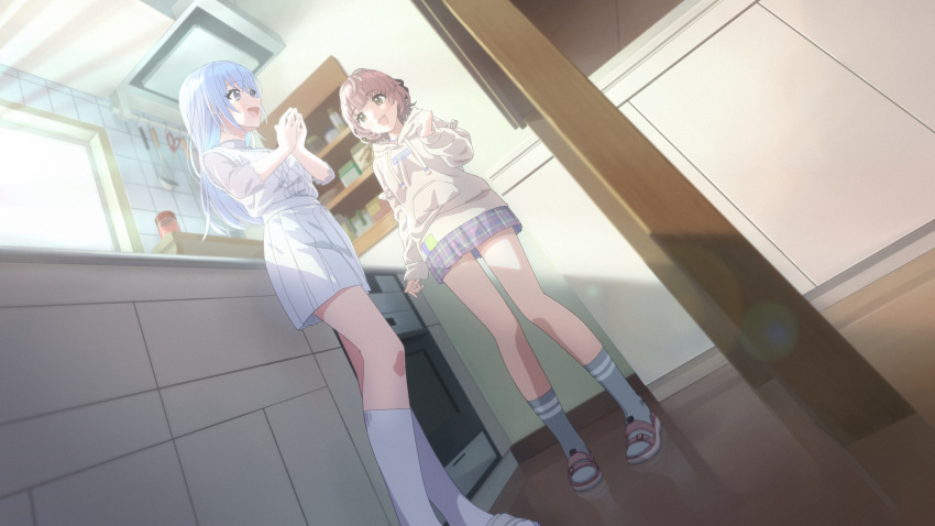 2girls absurdres blue_eyes blue_hair brown_eyes brown_hair commentary counter day dutch_angle grey_socks highres hood hood_down hoodie idolmaster idolmaster_shiny_colors ikuta_haruki indoors kitchen ladle long_hair long_sleeves looking_at_another multiple_girls open_mouth own_hands_together plaid plaid_skirt pleated_skirt school_uniform shelf shirt short_hair skirt smile socks standing sunlight suzuki_hana symbol-only_commentary takada_(pixiv_97599311) tile_wall tiles white_footwear white_shirt white_skirt white_socks