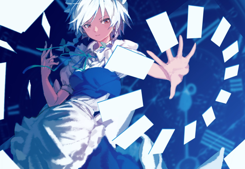 1girl apron blue_dress braid breasts card collared_shirt dress frilled_apron frills highres izayoi_sakuya maid puffy_sleeves red_eyes shirt small_breasts solo touhou tuck_(tuck23978434) twin_braids upper_body waist_apron white_apron white_hair white_shirt