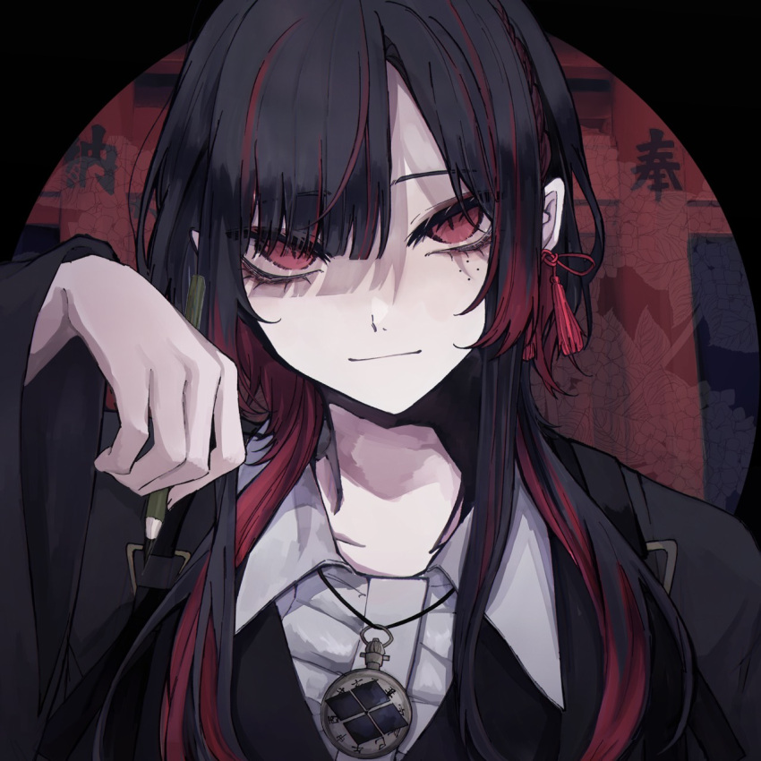 1girl black_hair black_jacket closed_mouth collared_shirt floral_print hand_up highres holding holding_pencil jacket jewelry long_hair long_sleeves looking_at_viewer mole mole_under_eye multicolored_hair multiple_moles necklace open_collar orihara_(ewkkyorhr) outside_border pencil pendant portrait red_eyes red_tassel redhead round_image self-portrait shirt short_hair_with_long_locks smile solo streaked_hair tassel torii wide_sleeves